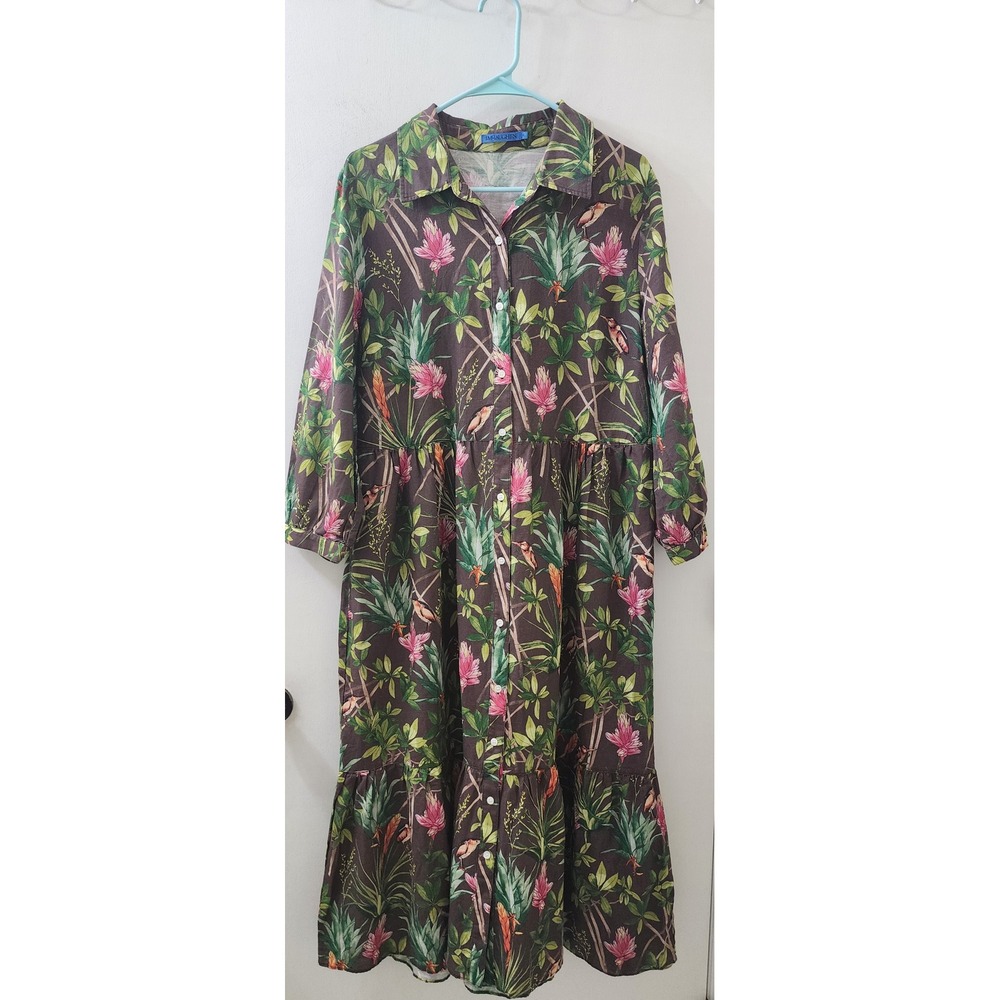 J.McLaughlin XL Tropical Bird Floral Linen Cotton Tiered Maxi Shirt Dress Brown
